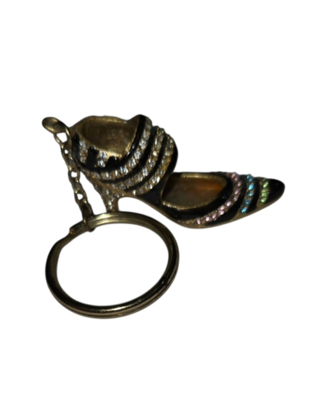 Women's High Heel Stiletto Rhinestone Shoe Keychain One Size Black and Gold